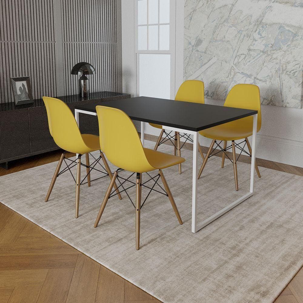 Mesa Industrial Base Ferro Branco Tampo 137X90 Preto 4 Cadeiras Madeira Assento Amarelo Preto