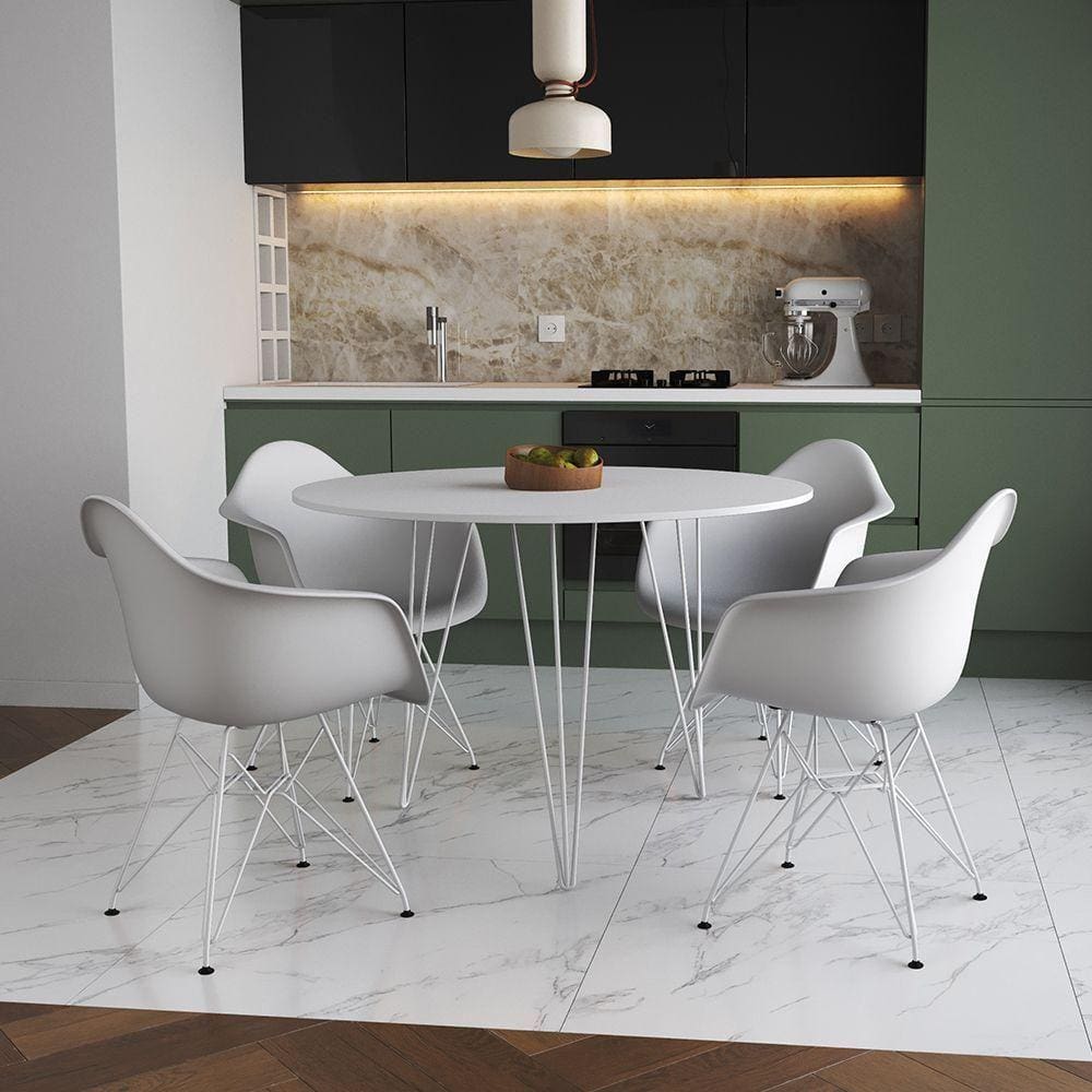 Mesa Jantar Redonda 110Cm Branca Clips 3 Pés Com 4 Poltronas Brancas Ferro Branco - Cor: Branco