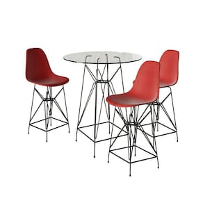 Jogo Mesa Bistrô Eames Vidro 60Cm 3 Banquetas Vermelha Base Ferro Preto - Cor: Branco