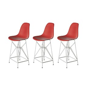 Kit 3 Banquetas Bistrô Alta Eames Vermelha Base Ferro Branco - Cor: Vermelho