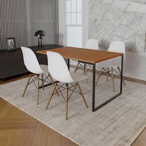Mesa Industrial Base De Ferro Preto Tampo 137X90 Canela 4 Cadeiras Madeira Assento Branco Marrom
