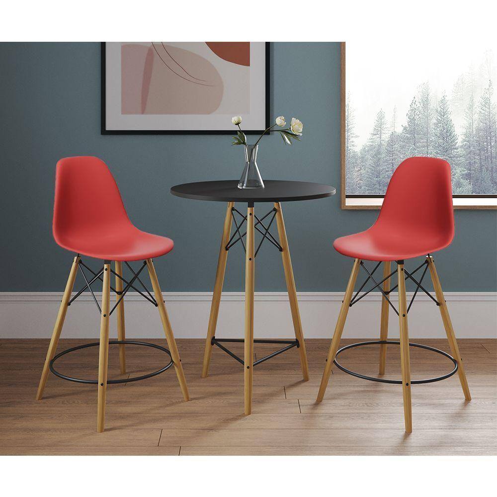 Mesa Bistrô Eames Eiffel Preta Com 2 Banquetas Vermelhas De Madeira - Cor: Preto