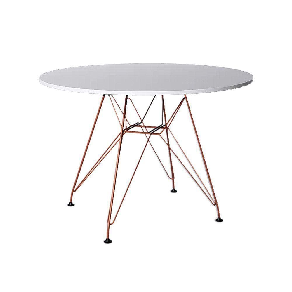 Mesa Eiffel Redonda 90Cm Tampo De Madeira Branco Com Base De Ferro Cobre - Cor: Branco