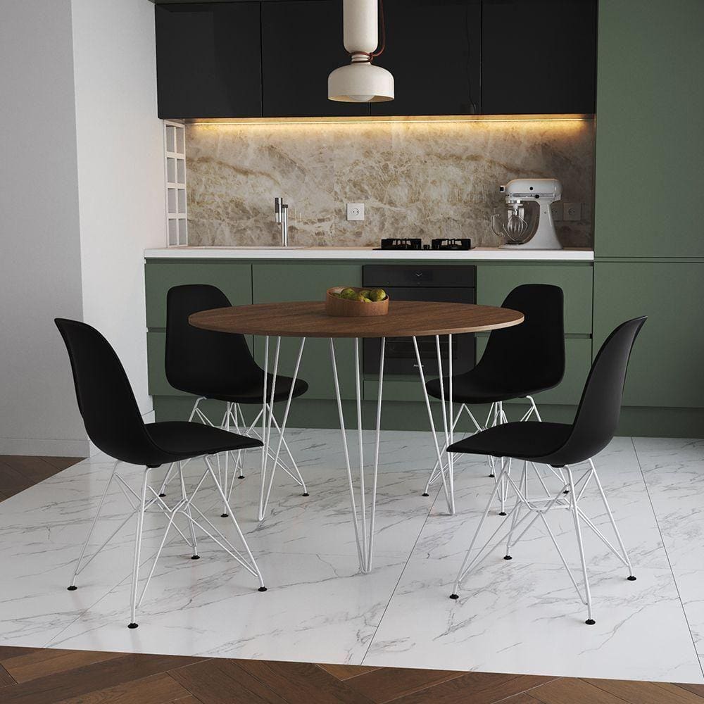 Mesa Jantar Redonda 110Cm Amêndoa Clips 3 Pés Com 4 Cadeiras Pretas Ferro Branco - Cor: Amendoa