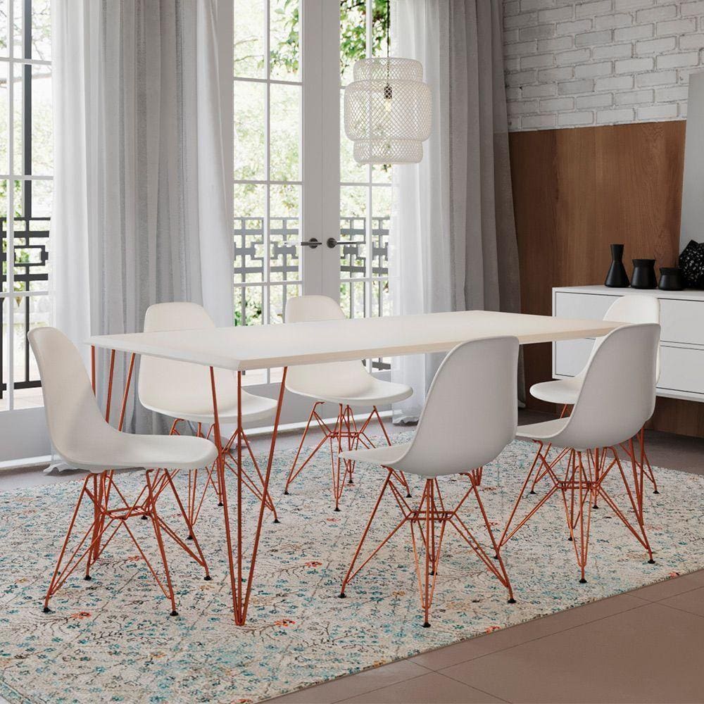 Mesa Sala De Jantar Industrial Branca 135X75 6 Cadeiras Bracas De Ferro Cobre Cor: Branco