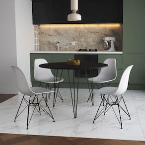 Mesa Jantar Redonda 110Cm Preta Clips 3 Pés Com 4 Cadeiras Brancas Ferro Preto - Cor: Preto
