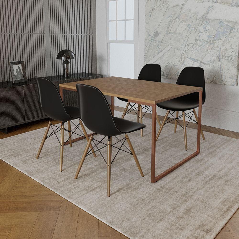 Mesa Industrial Base Ferro Cobre Tampo 137X90 Amêndoa 4 Cadeiras Madeira Assento Preto Marrom