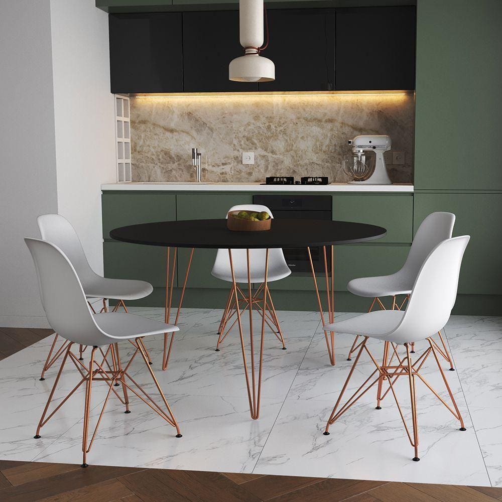 Mesa Jantar Redonda 110Cm Preta Clips 3 Pés Com 5 Cadeiras Brancas Base Cobre - Cor: Preto
