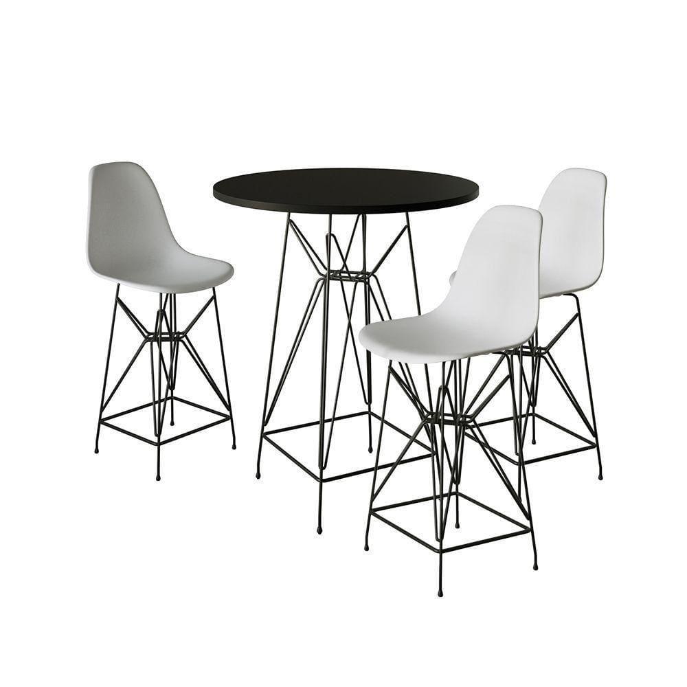Jogo Mesa Bistrô Eames Preta 60Cm 3 Banquetas Branca Base Ferro Preto - Cor: Preto