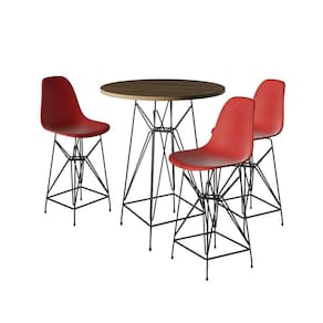 Jogo Mesa Bistrô Eames Tampo Amêndoa 60Cm 3 Banquetas Vermelha Base Ferro Preto - Cor: Amendoa