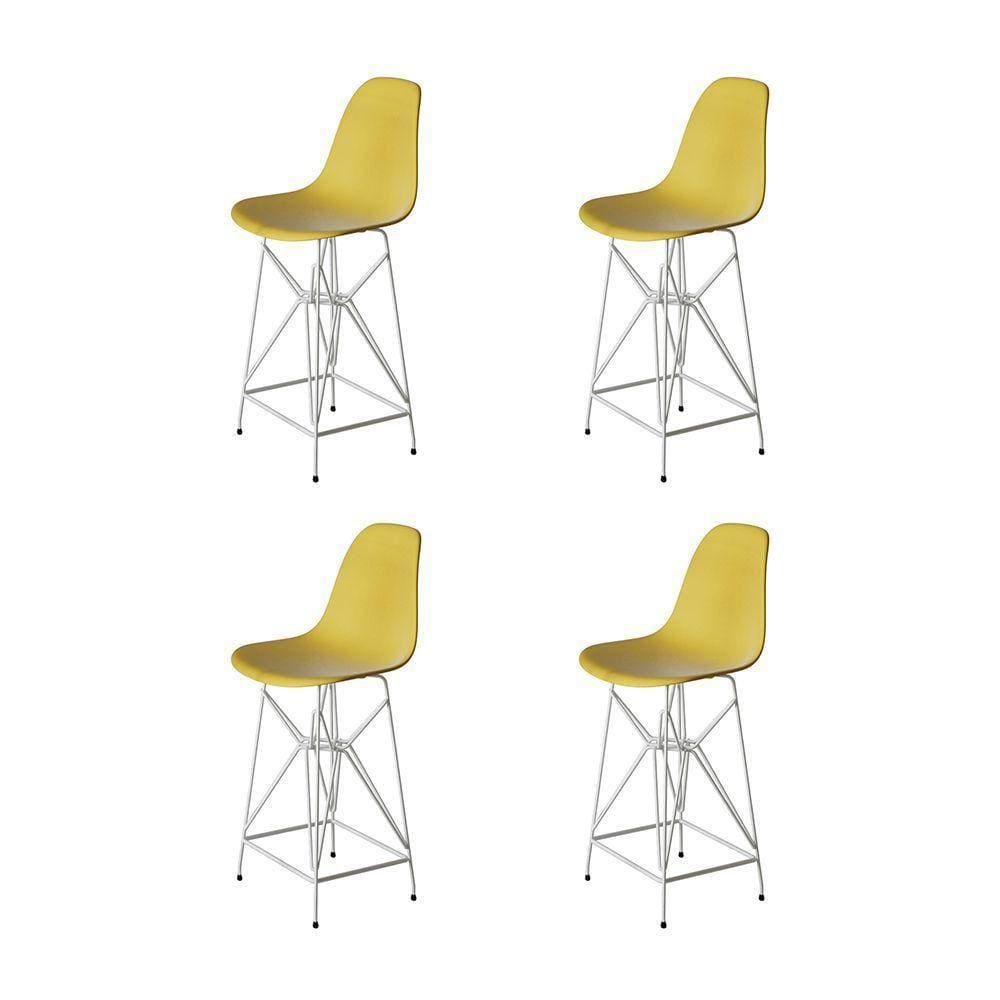 Kit 4 Banquetas Bistrô Alta Eames Amarela Base Ferro Branco - Cor: Amarelo