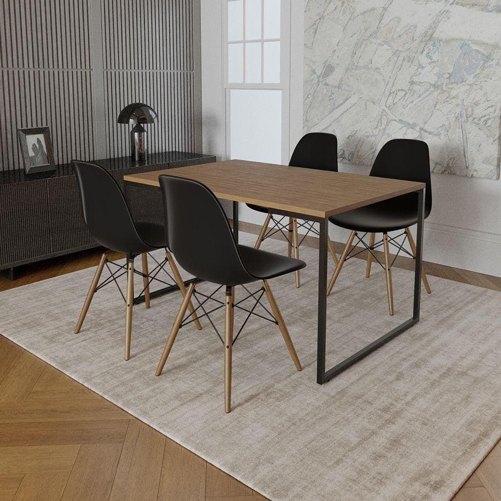 Mesa Industrial Base De Ferro Preto Tampo 137X90 Amêndoa 4 Cadeiras Madeira Assento Preto Marrom