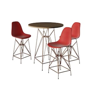 Jogo Mesa Bistrô Eames Tampo Amêndoa 60Cm 3 Banquetas Vermelha Base Ferro Cobre - Cor: Amendoa
