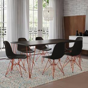 Mesa Sala De Jantar Industrial Preta 135X75 Com 6 Cadeiras Pretas De Ferro Cobre Cor: Preto