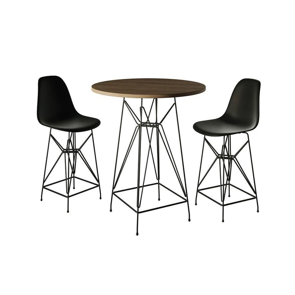 Jogo Mesa Bistrô Eames Amêndoa 60Cm 2 Banquetas Preta Base Ferro Preto - Cor: Amendoa