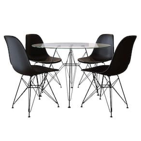 Conjunto Mesa Jantar 90Cm Redonda Vidro Com 4 Cadeiras Pretas Base Ferro Preto Cor: Preto