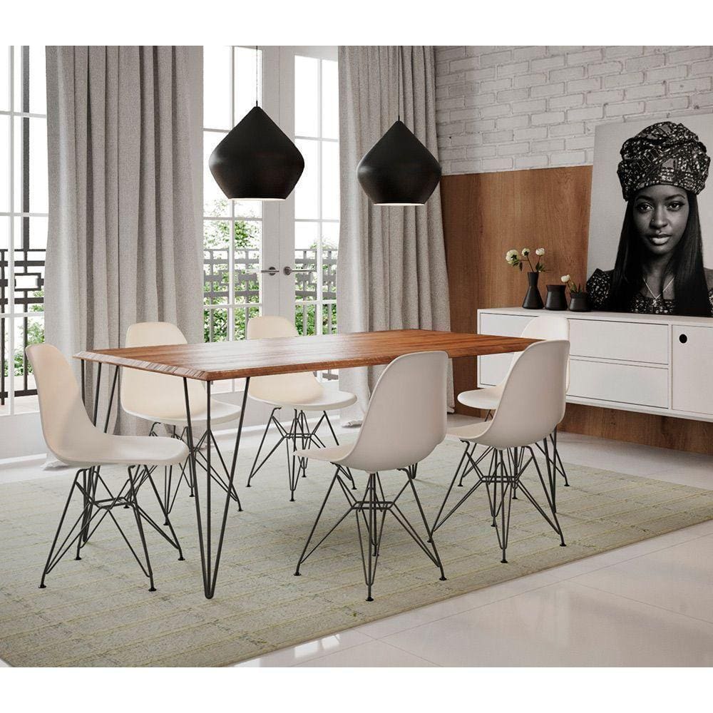 Mesa Sala De Jantar Industrial Amêndoa 135X75 Com 6 Cadeiras Brancas De Ferro Preto Cor: Marrom