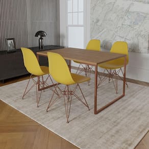 Mesa Industrial Base Ferro Cobre Tampo 137X90 Amêndoa 4 Cadeiras Ferro Cobre Assento Amarelo Marrom