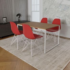 Mesa Industrial Base Ferro Branco Tampo, Amêndoa 4 Cadeiras Ferro Branco Assento Vermelho Marrom