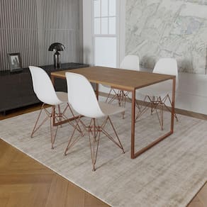 Mesa Industrial Base Ferro Cobre Tampo 137X90 Amêndoa 4 Cadeiras Ferro Cobre Assento Branco Marrom