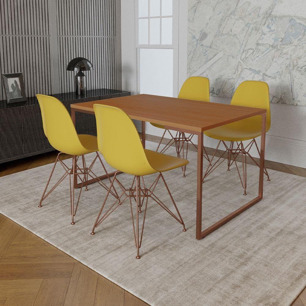 Mesa Industrial Base Ferro Cobre Tampo 137X90 Canela 4 Cadeiras Ferro Cobre Assento Amarelo Marrom