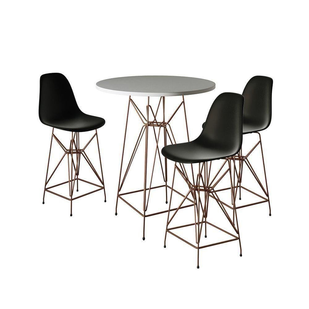 Jogo Mesa Bistrô Eames Branca 60Cm 3 Banquetas Preta Base Ferro Cobre - Cor: Branco