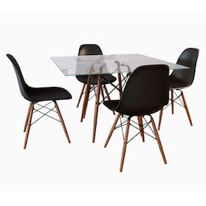 Jogo De Mesa Tampo Quadrado Vidro 90Cm 4 Cadeiras Pretas