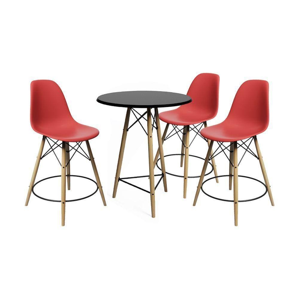 Conjunto Mesa Bistrô Eames Eiffel Preta Com 3 Banquetas Vermelhas De Madeira - Cor: Preto