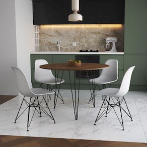 Mesa Jantar Redonda 110Cm Amêndoa Clips 3 Pés Com 4 Cadeiras Brancas Ferro Preto - Cor: Amendoa