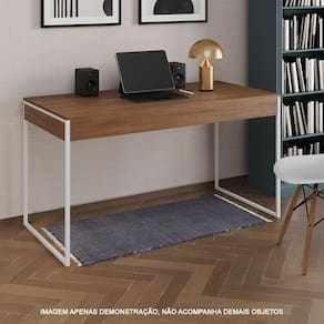 Escrivaninha Industrial Madeira Padrão Office Amêndoa 137X53Cm Com Base Em Ferro Branco