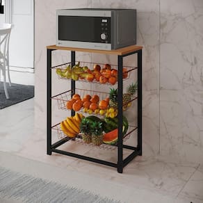 Fruteira Com Suporte Para Micro-Ondas Barcelona Aço Preto Cesto Cobre Tampo Canela Cor: Canela