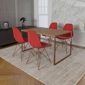 Mesa Industrial Base Ferro Cobre Tampo 137X90 Amêndoa 4 Cadeiras Ferro Cobre Assento Vermelho Marrom