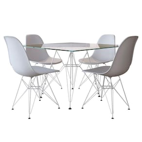 Jogo De Mesa De Ferro Branco E Tampo Quadrado Vidro 90Cm 4 Cadeiras Brancas
