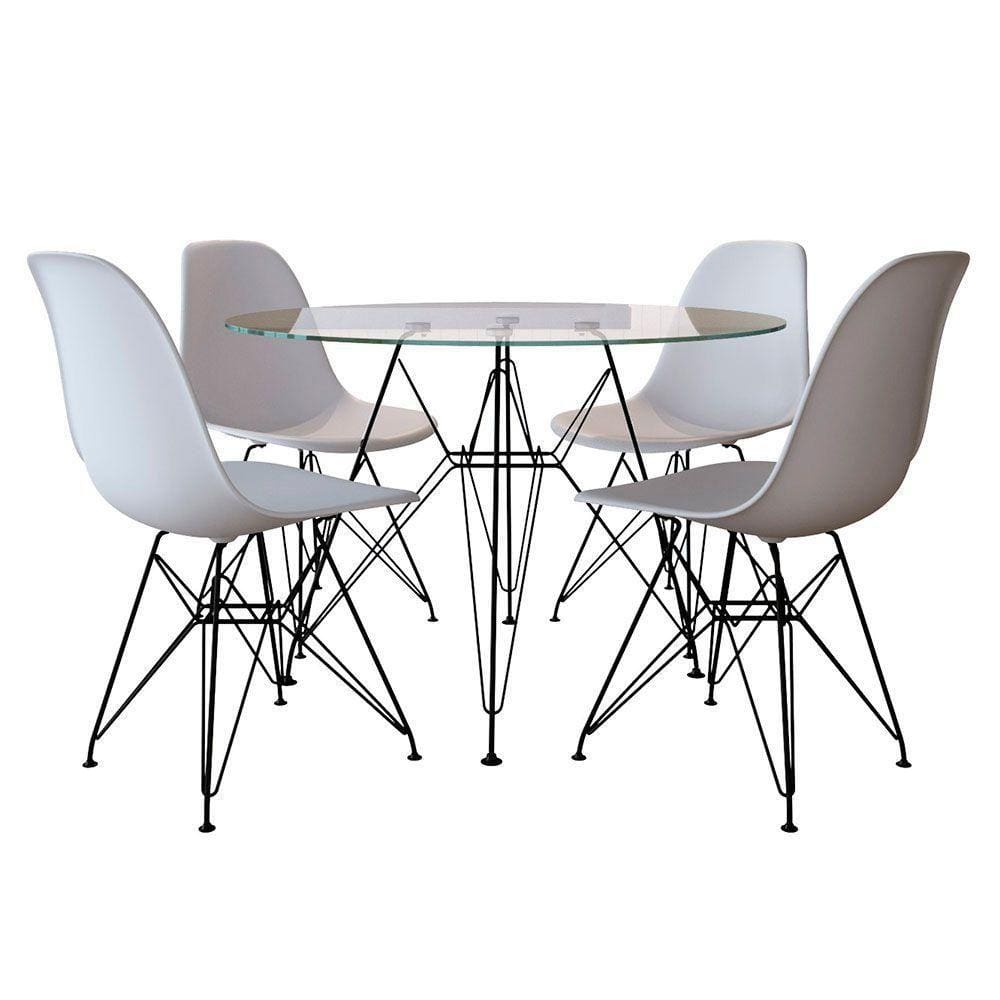 Mesa Jantar De Ferro Preto Tampo Redondo 90Cm Vidro 4 Cadeiras Brancas
