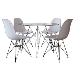Mesa Jantar De Ferro Preto Tampo Redondo 90Cm Vidro 4 Cadeiras Brancas