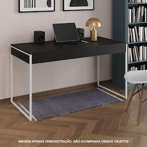 Escrivaninha Industrial Madeira Padrão Office Preta 137X53Cm Com Base Em Ferro Branco Cor: Preto