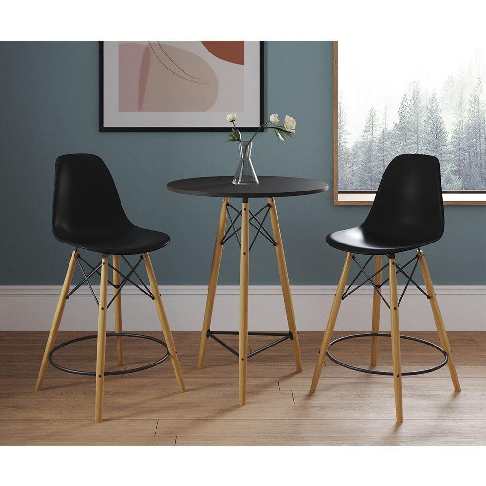 Mesa Bistrô Eames Eiffel Preta Com 2 Banquetas Pretas De Madeira - Cor: Preto