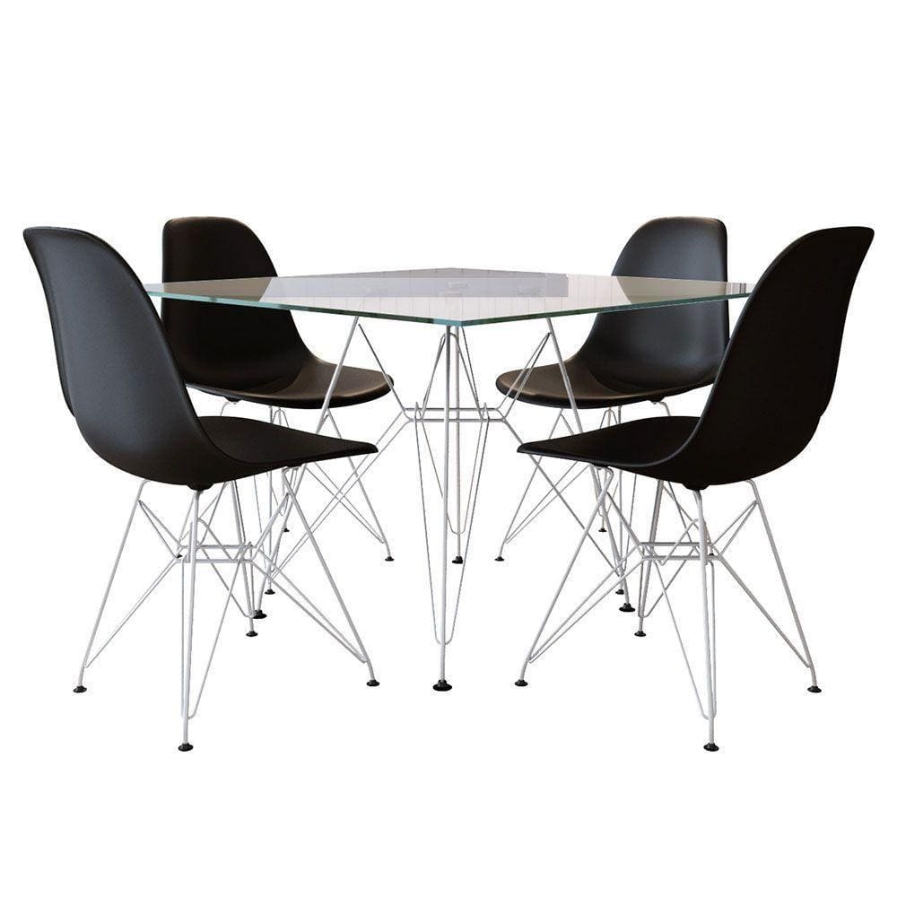 Conjunto Jantar De Ferro Branco E Tampo Quadrado Vidro 90Cm 4 Cadeiras Pretas