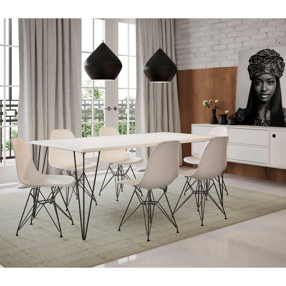 Mesa Sala De Jantar Industrial Branca 135X75 Com 6 Cadeiras Brancas De Ferro Preto Cor: Branco