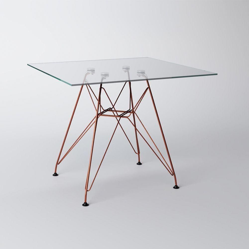 Mesa Eiffel Quadrada 90Cm Tampo De Vidro Com Base De Ferro Cobre Cor: Marrom