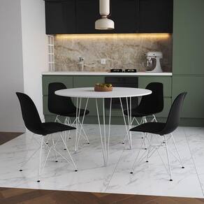 Mesa Jantar Redonda 110Cm Branca Clips 3 Pés Com 4 Cadeiras Pretas Ferro Branco - Cor: Branco