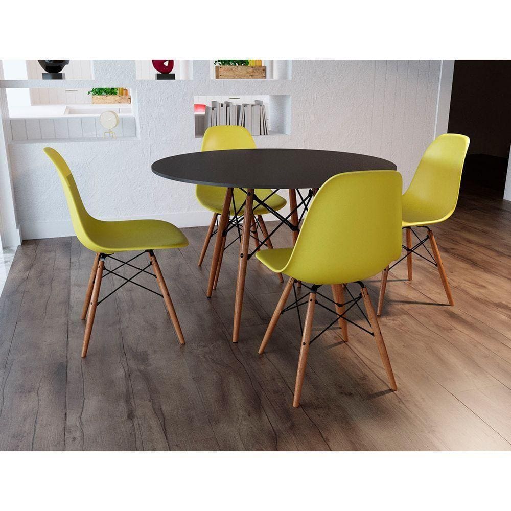 Conjunto De Mesa De Jantar Redonda 90Cm Tampo De Madeira Preto Com 4 Cadeiras Amarelas