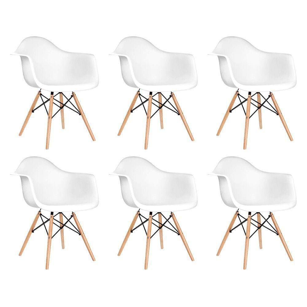 Kit 6 Poltronas Eames De Madeira Com Braço Daw Com Assento Branco - Cor: Branco