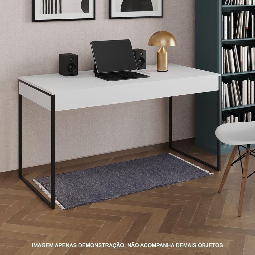 Escrivaninha Industrial Madeira Padrão Office Branca 137X53Cm Com Base Em Ferro Preto