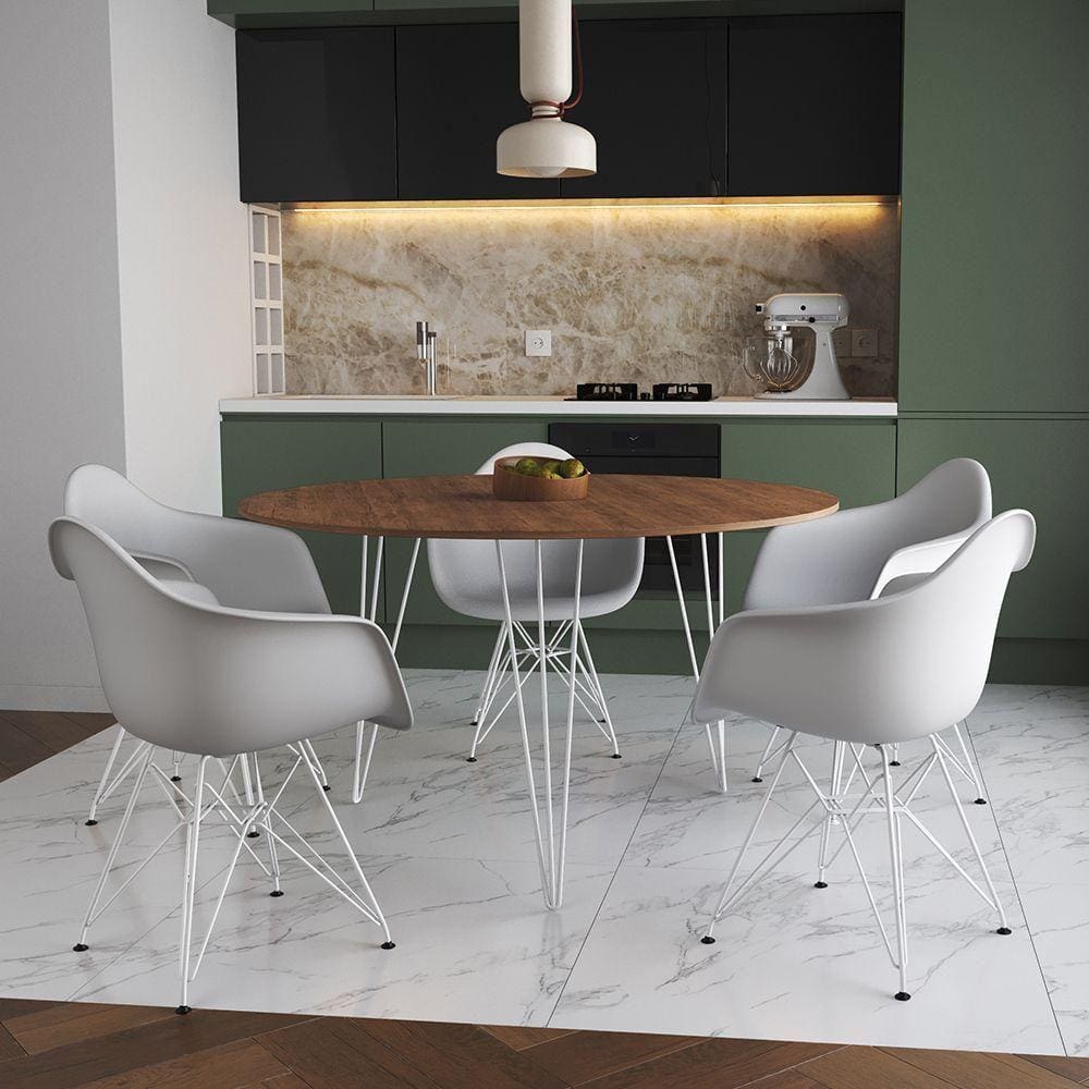Mesa Jantar Redonda 110Cm Amêndoa Clips 3 Pés Com 5 Poltronas Brancas Ferro Branco - Cor: Amendoa