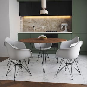 Mesa Jantar Redonda 110Cm Amêndoa Clips 3 Pés Com 5 Poltronas Brancas Ferro Preto - Cor: Amendoa