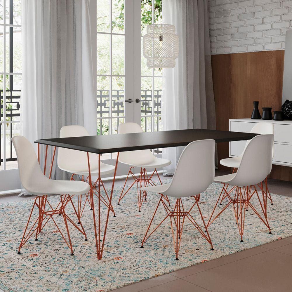 Mesa Sala De Jantar Industrial Preta 135X75 Com 6 Cadeiras Bracas De Ferro Cobre Cor: Preto