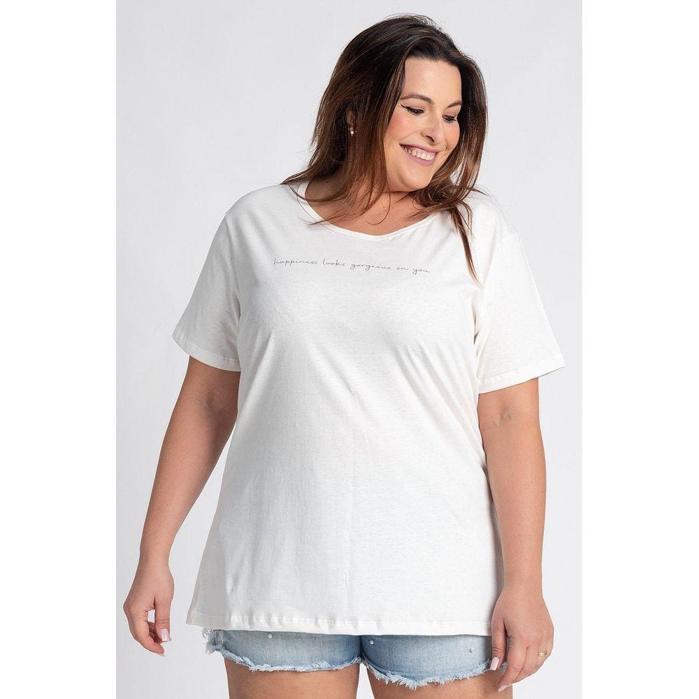 T-shirt Feminina Plus Size Malha Algodão Estampada "Happiness looks gorgeous on you" - Serena