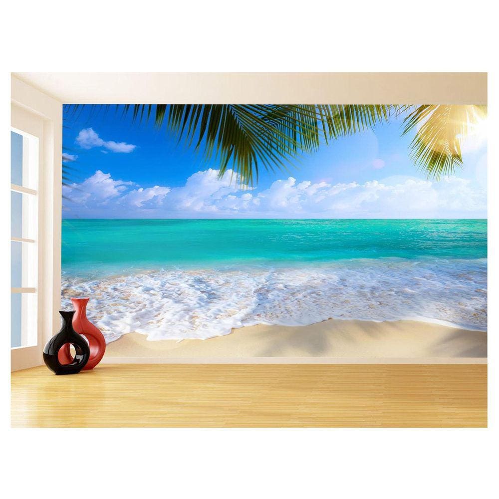 Papel De Parede Coqueiros Praia Mar Azul Água 3,5M Npr305