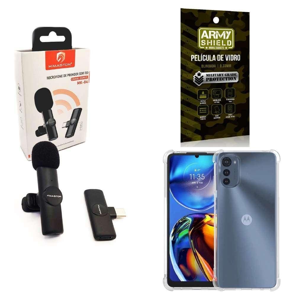 Microfone Sem Fio + Capa Motorola E32 E Película De Vidro 3D